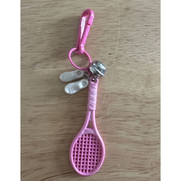 Vintage 80's Plastic Clip Charm Bell Necklace Tennis Pink Racquet White Shoes - Picture 1 of 2